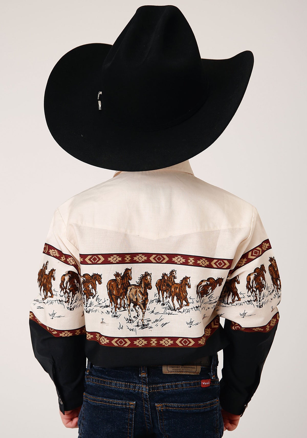 Roper Boys Long Sleeve Snap Running Horse Border Print Western Shirt - Flyclothing LLC