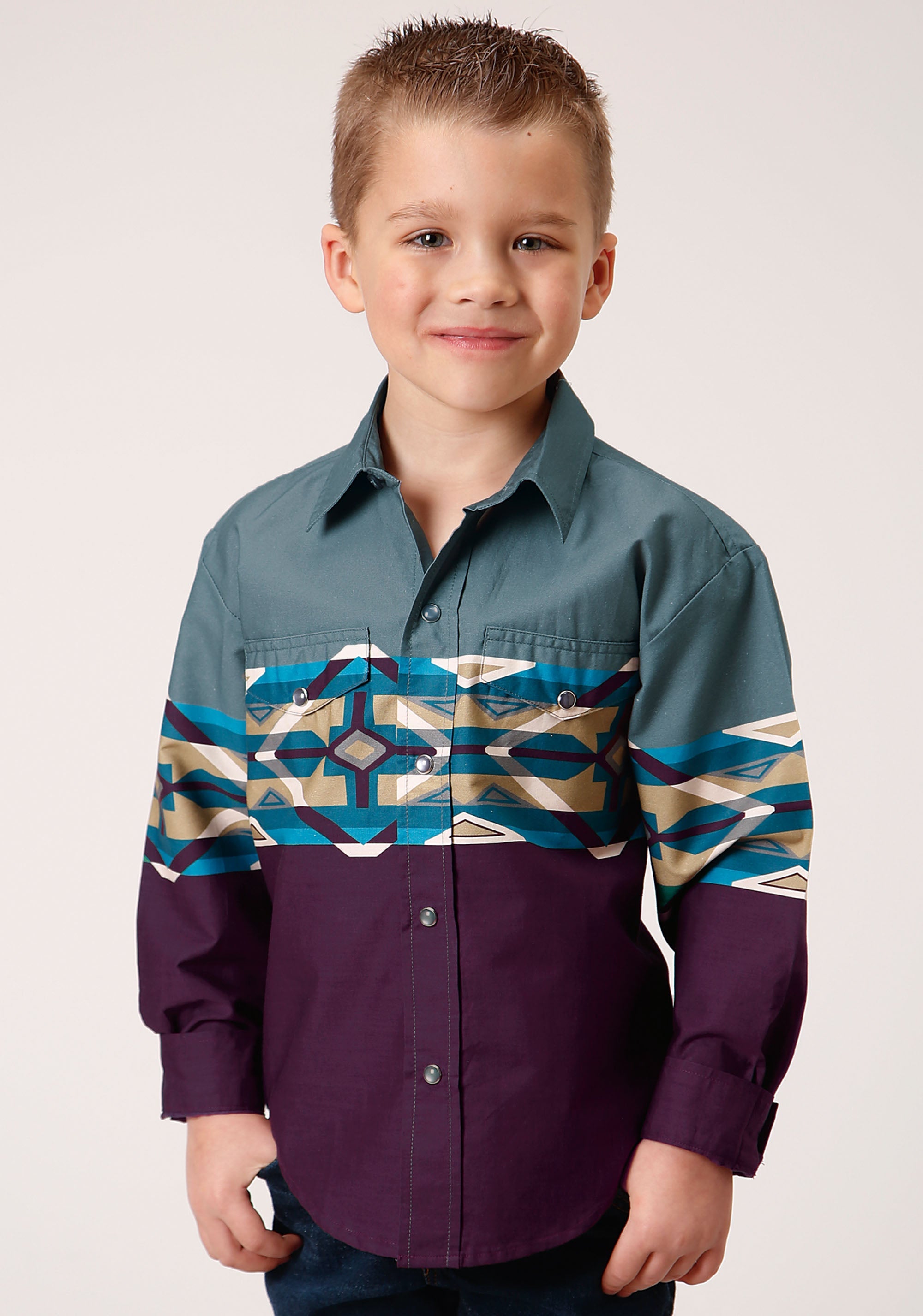 Roper Boys Long Sleeve Snap Tile Aztec Border Print Western Shirt