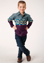 Roper Boys Long Sleeve Snap Tile Aztec Border Print Western Shirt - Flyclothing LLC