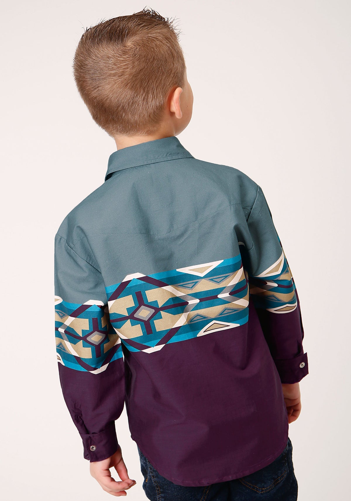 Roper Boys Long Sleeve Snap Tile Aztec Border Print Western Shirt - Flyclothing LLC