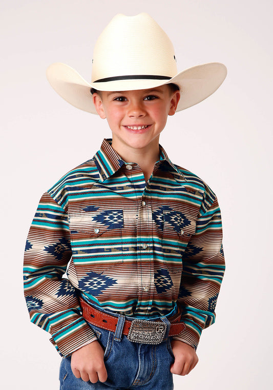 Roper Boys Long Sleeve Snap Horizontal Aztec Ombre Western Shirt