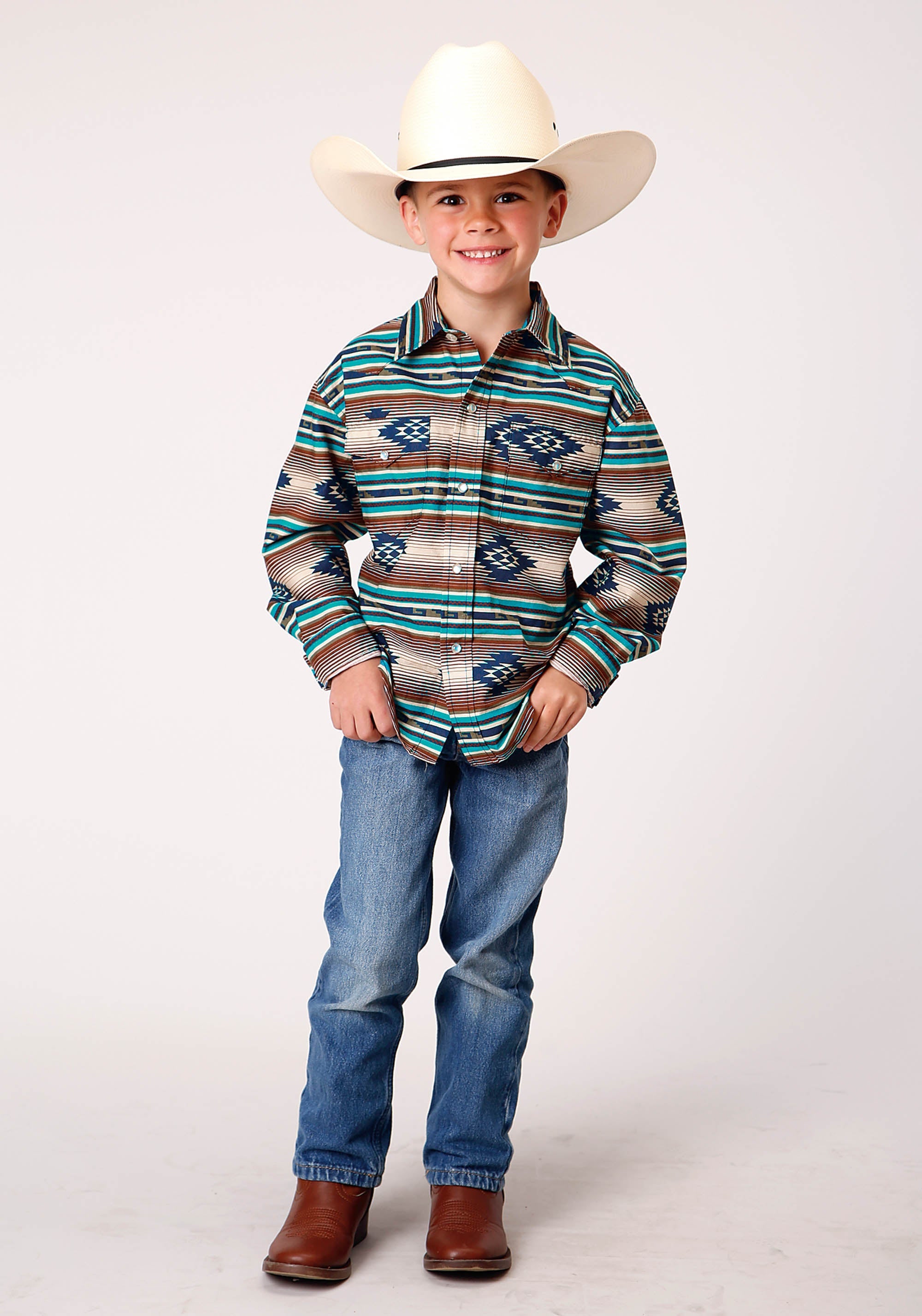 Roper Boys Long Sleeve Snap Horizontal Aztec Ombre Western Shirt - Flyclothing LLC