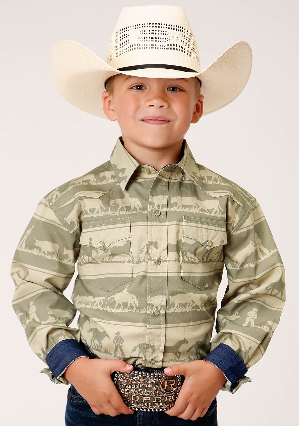 Roper Boys Long Sleeve Snap Cowboy Rugby Horizontal Print Western Shirt