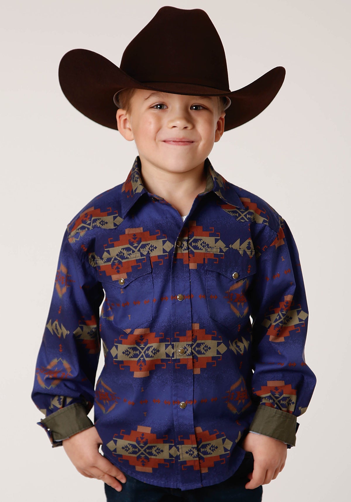 Roper Boys Long Sleeve Snap Night Aztec Print Western Shirt