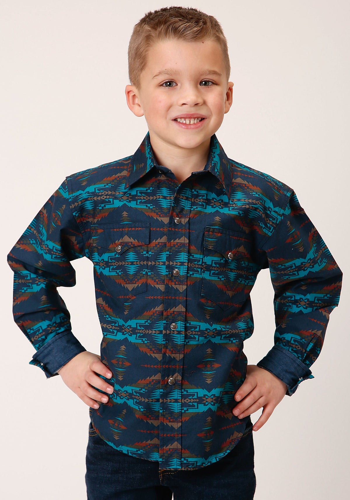 Roper Boys Long Sleeve Snap Turquoise Blanket Horizontal Print Western Shirt