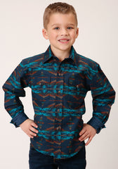 Roper Boys Long Sleeve Snap Turquoise Blanket Horizontal Print Western Shirt