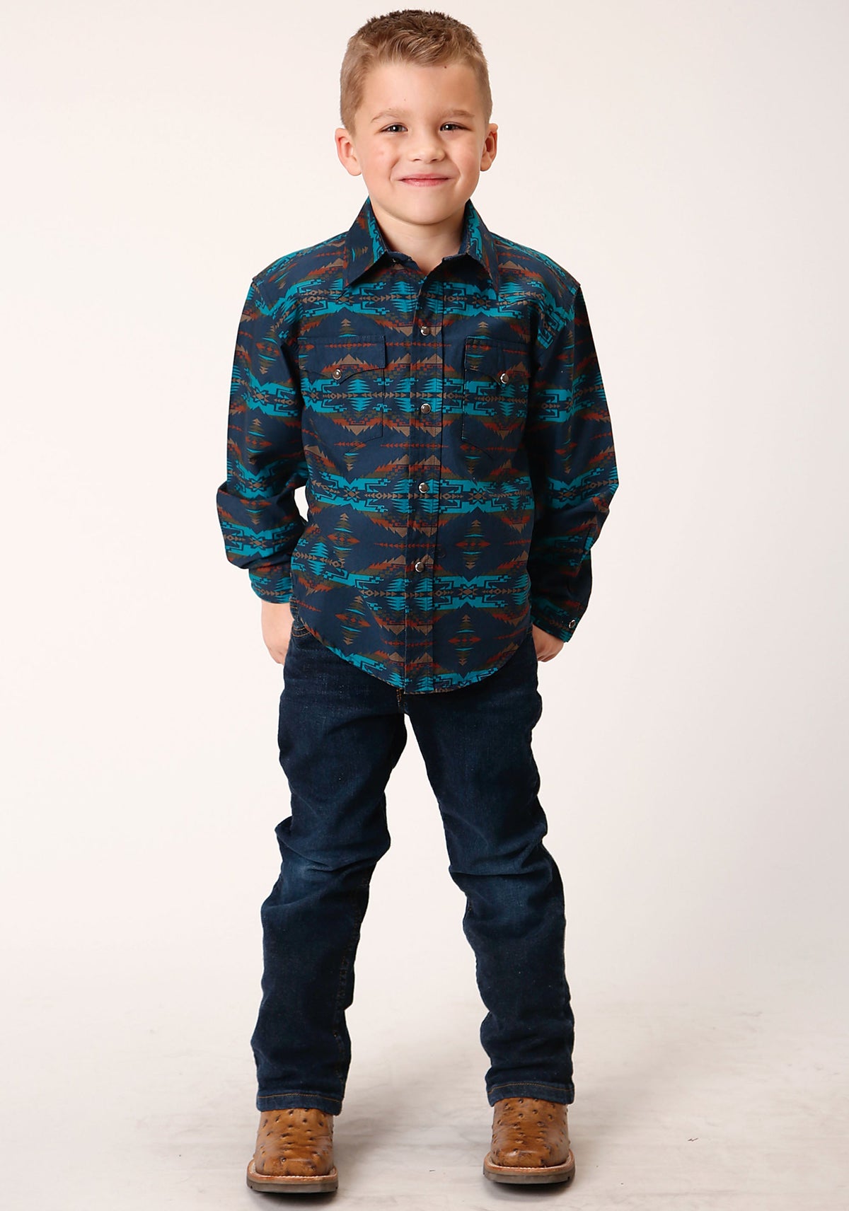 Roper Boys Long Sleeve Snap Turquoise Blanket Horizontal Print Western Shirt - Flyclothing LLC