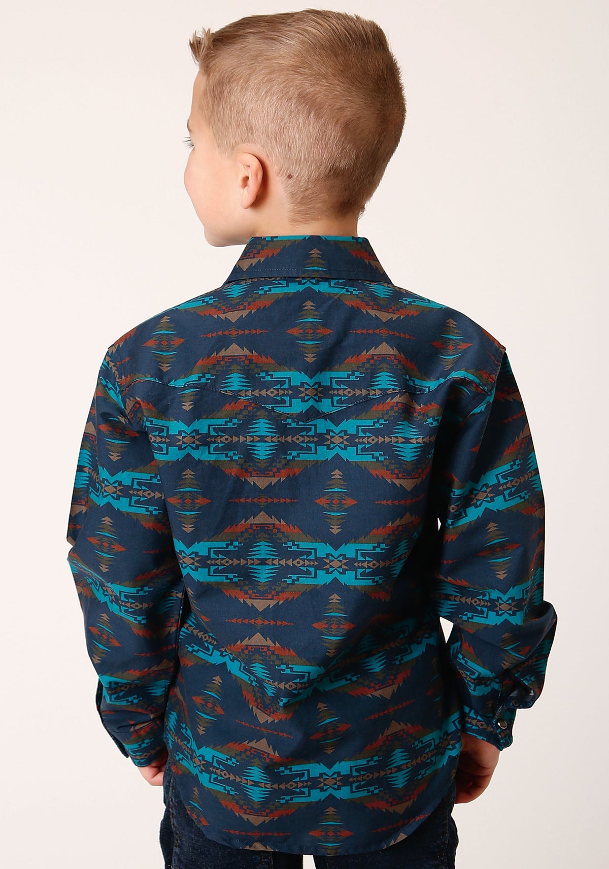 Roper Boys Long Sleeve Snap Turquoise Blanket Horizontal Print Western Shirt - Flyclothing LLC