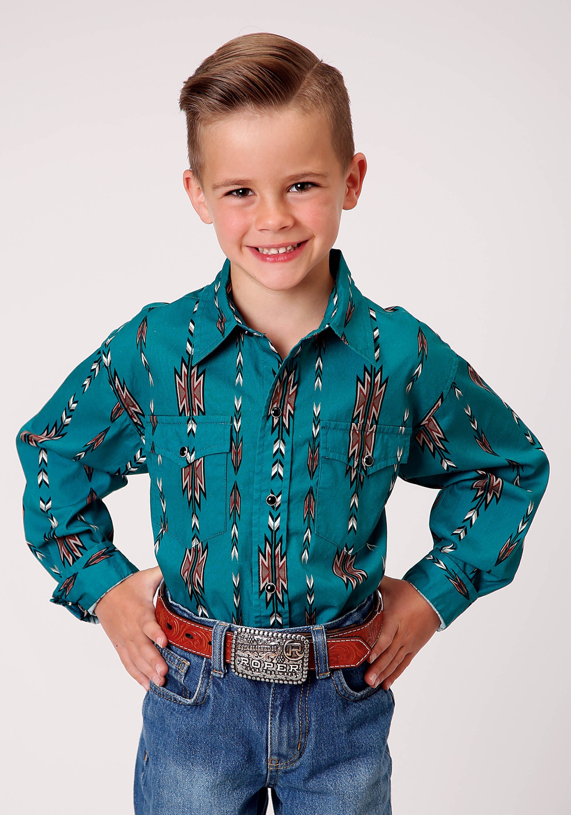 Roper Boys Long Sleeve Snap Teal Aztec Stripe Western Shirt