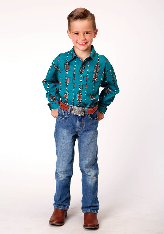 Roper Boys Long Sleeve Snap Teal Aztec Stripe Western Shirt - Flyclothing LLC