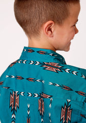 Roper Boys Long Sleeve Snap Teal Aztec Stripe Western Shirt - Flyclothing LLC