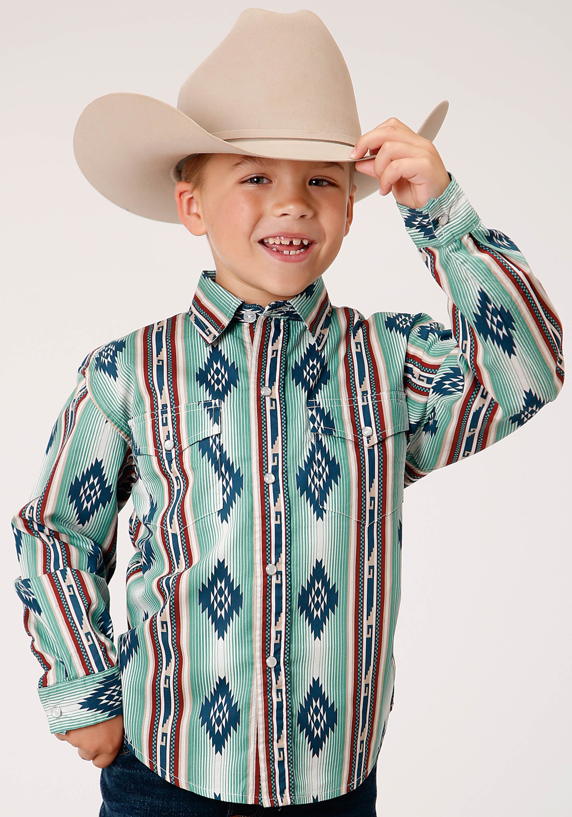 Roper Boys Long Sleeve Snap Verde Stripe Western Shirt