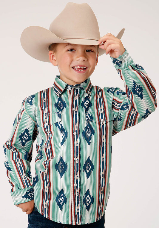 Roper Boys Long Sleeve Snap Verde Stripe Western Shirt