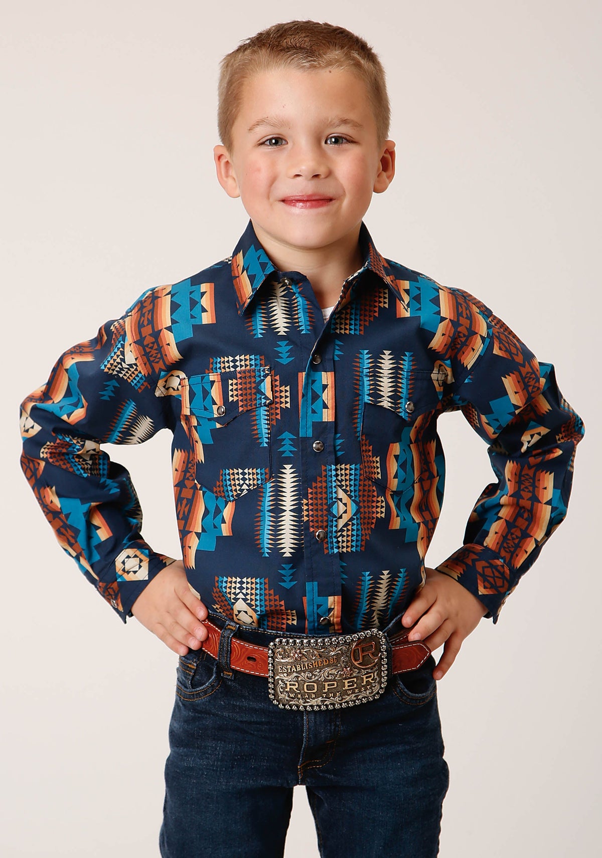 Roper Boys Long Sleeve Snap Navy Aztec Stripe Western Shirt