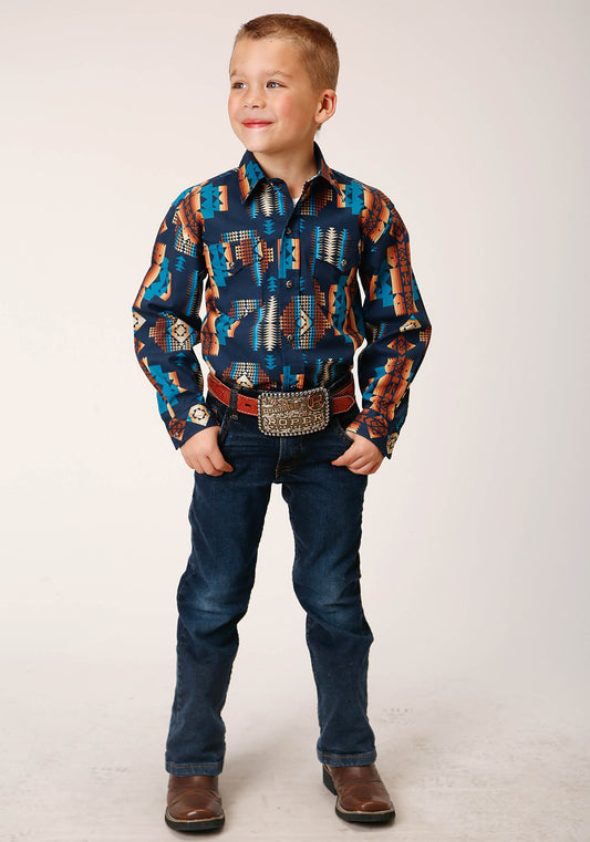 Roper Boys Long Sleeve Snap Navy Aztec Stripe Western Shirt - Flyclothing LLC