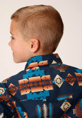 Roper Boys Long Sleeve Snap Navy Aztec Stripe Western Shirt - Flyclothing LLC