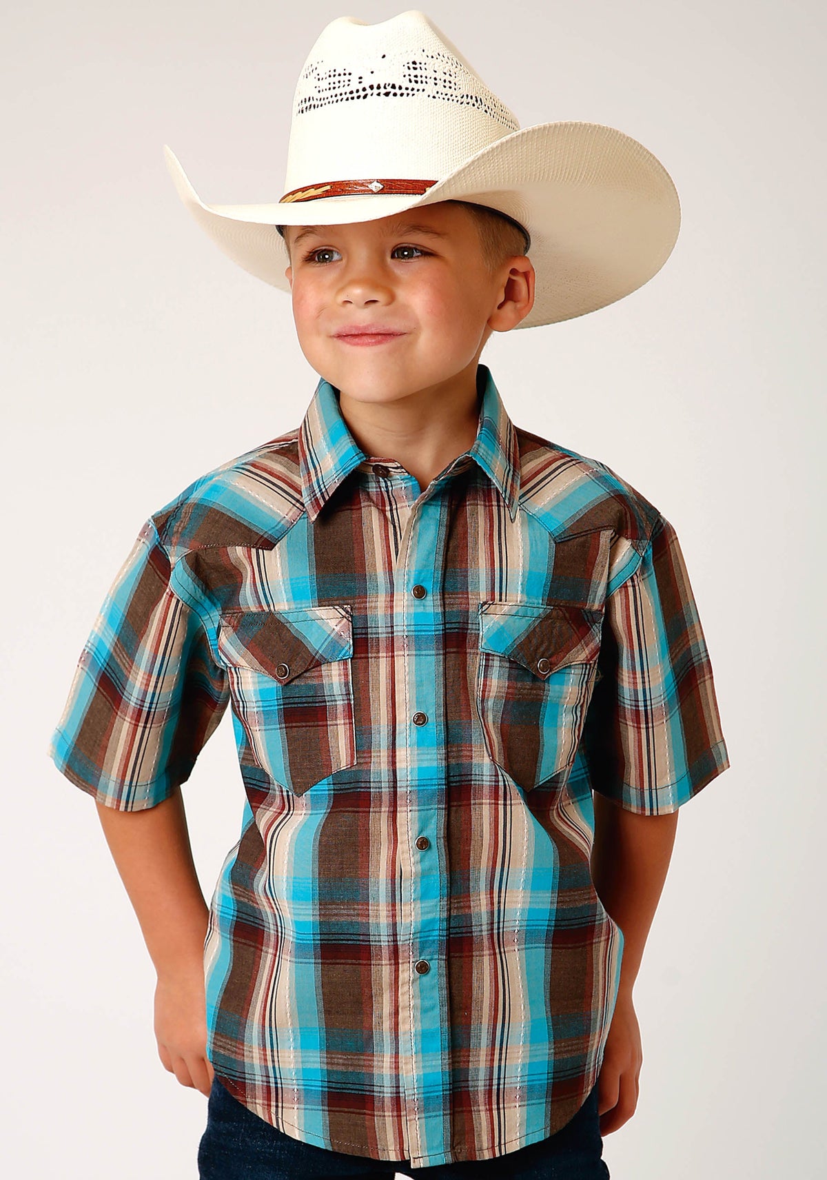 Roper Boys Short Sleeve Snap Desert Dobby Plaid Western Shirt