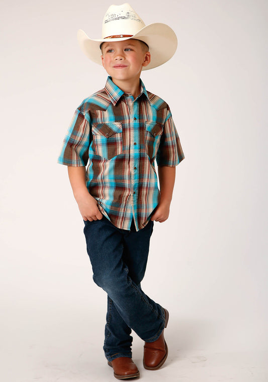 Roper Boys Short Sleeve Snap Desert Dobby Plaid Western Shirt - Flyclothing LLC