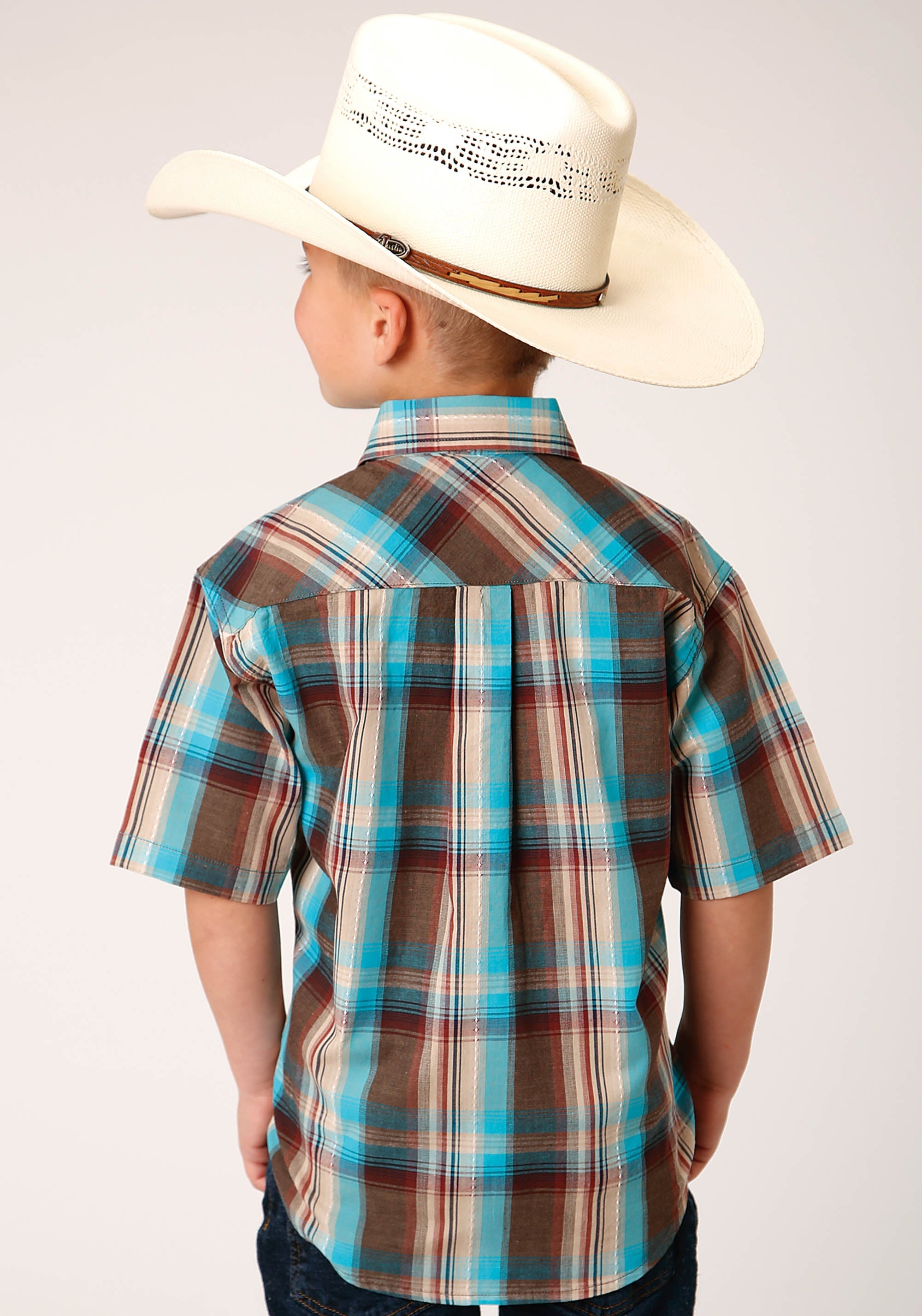 Roper Boys Short Sleeve Snap Desert Dobby Plaid Western Shirt - Flyclothing LLC