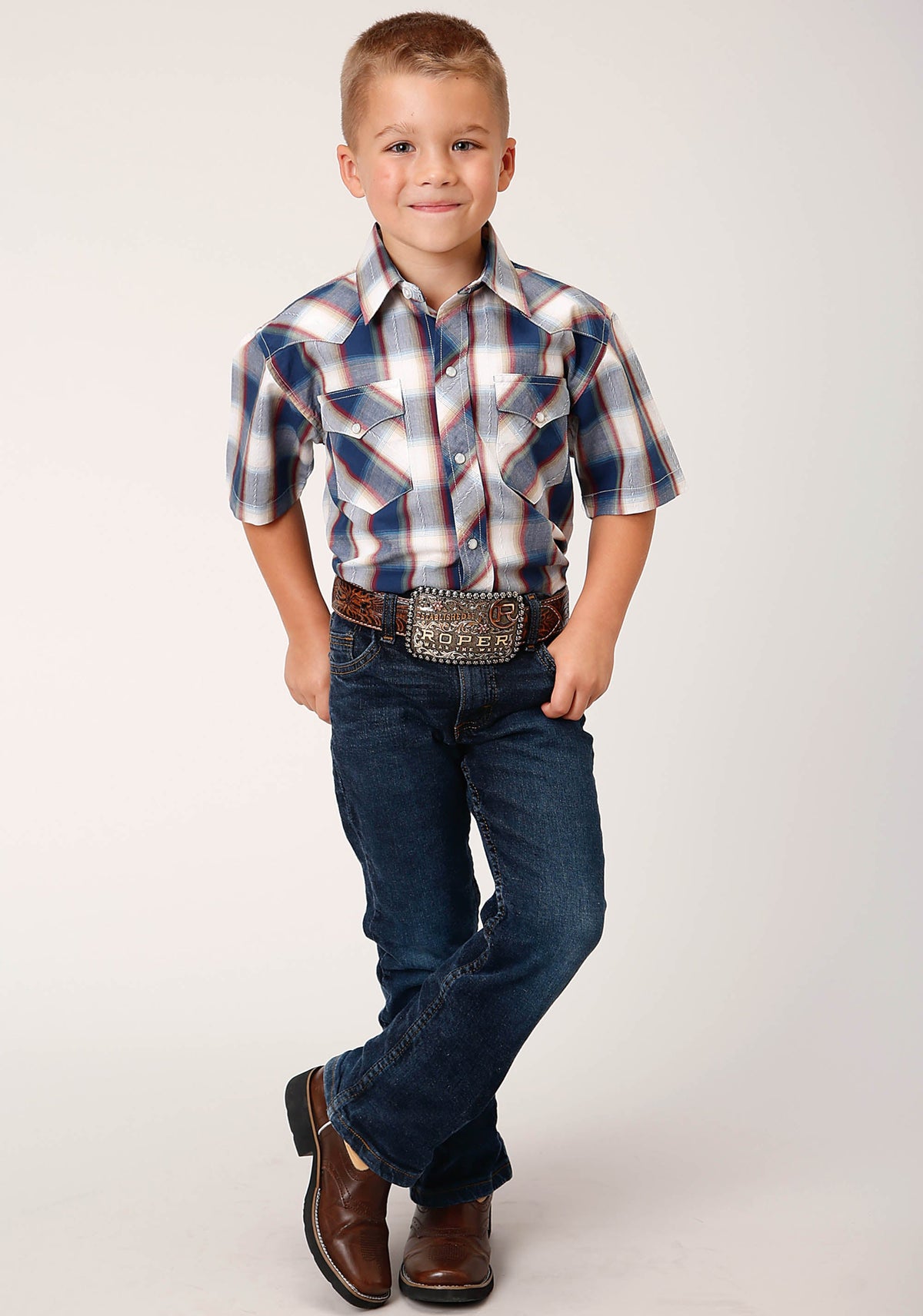 Roper Boys Short Sleeve Snap Indigo Dobby Western Shirt - Flyclothing LLC