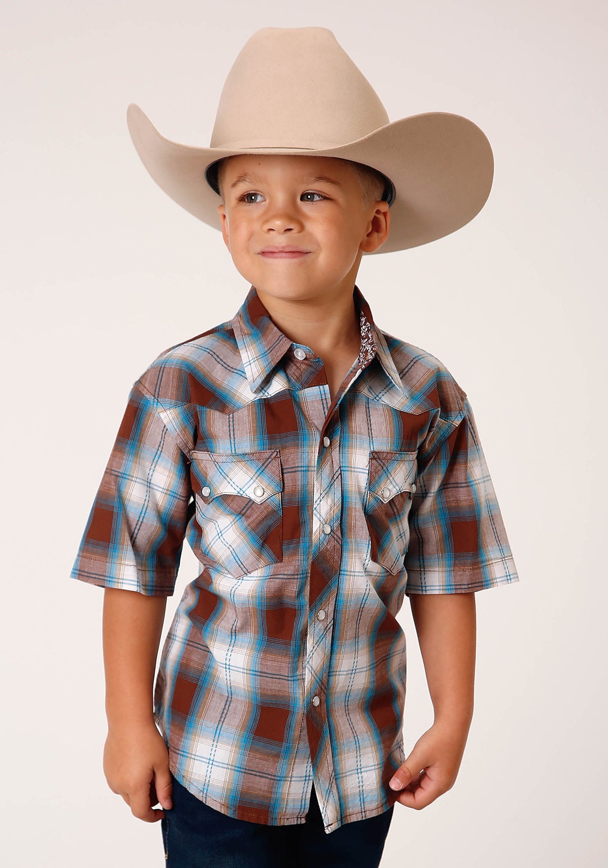 Roper Boys Short Sleeve Snap Dobby Check Western Shirt