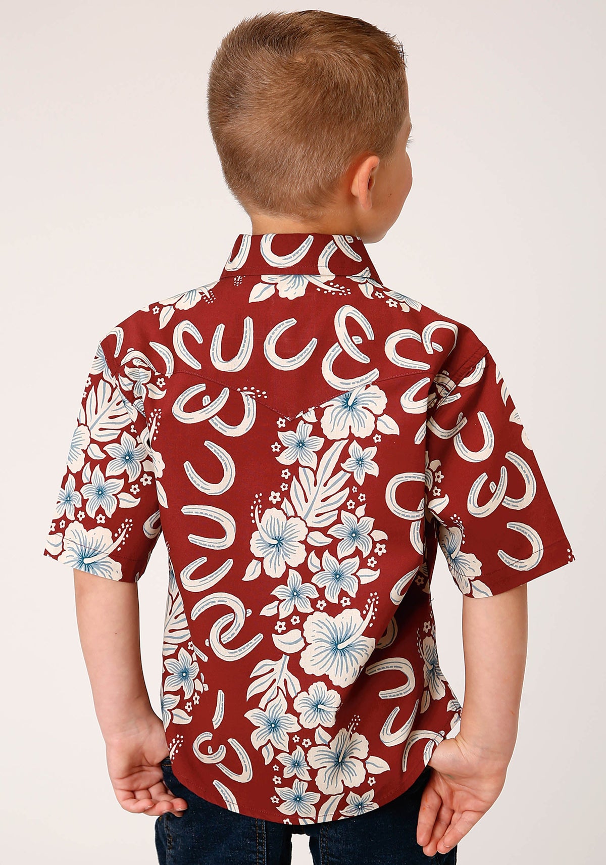 Roper Boys Short Sleeve Snap Hawaiian Horseshoes Print Western Shirt - Flyclothing LLC