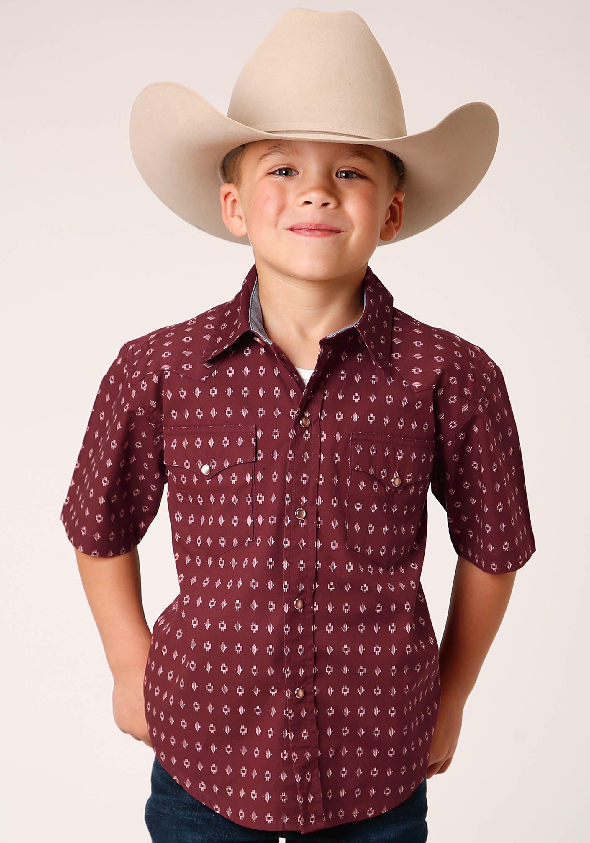 Roper Boys Short Sleeve Snap Texture Diamond Print Western Shirt