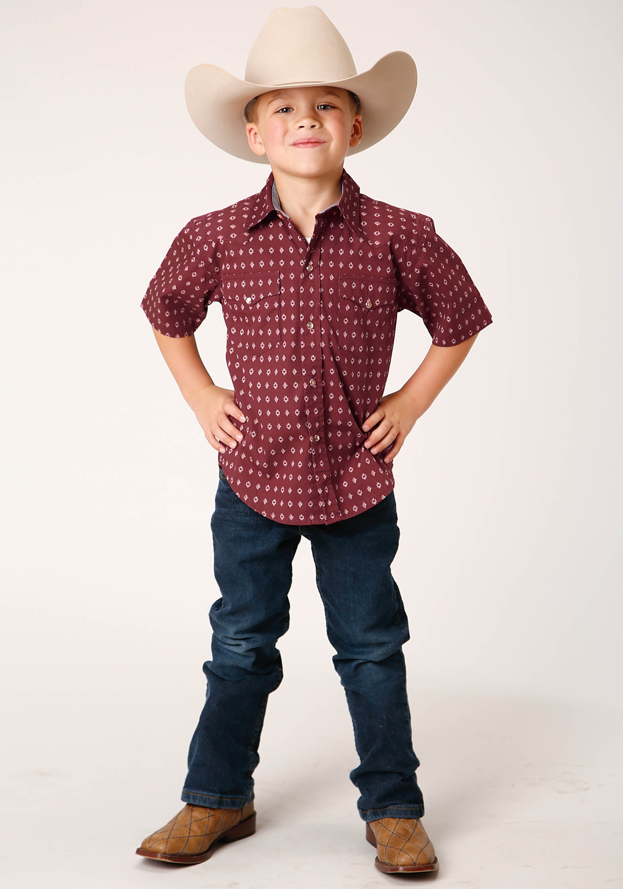 Roper Boys Short Sleeve Snap Texture Diamond Print Western Shirt - Flyclothing LLC