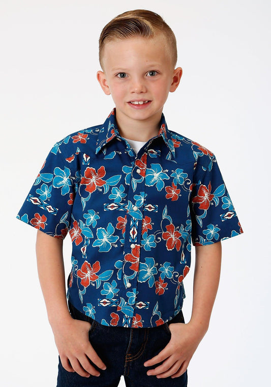 ROPER BOYS BLUE GROUND MULTICOLORED TROPICAL PRINT SHORT SLEEVE SNAP WESTERN WESTERN - Flyclothing LLC