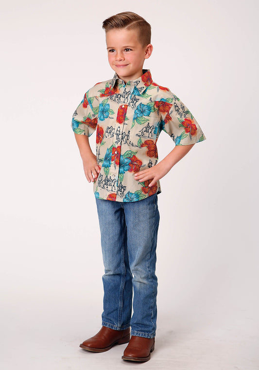 Roper Boys Short Sleeve Snap Trail Ride Tropical Western Shirt - Flyclothing LLC