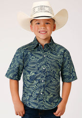 Roper Boys Short Sleeve Snap Lucky Tropical Print Western Shirt