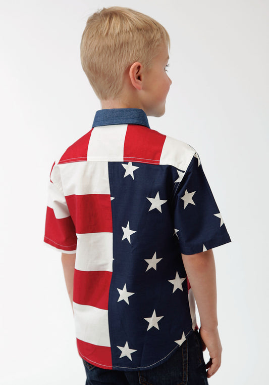 Roper Boys Red White And Blue Stars And Stripes Pieced American Flag Shoprt Sleeve Western Snap Shirt - Flyclothing LLC