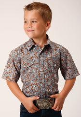 Roper Boys Short Sleeve Snap Copper Spring Paisley Western Shirt