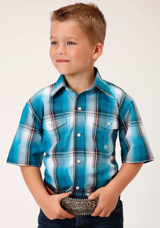 Roper Boys Short Sleeve Snap Deep Pool Ombre Western Shirt