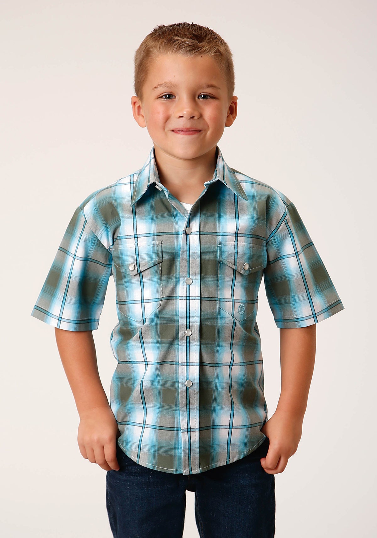 Roper Boys Short Sleeve Snap Meadow Plaid Western Shirt