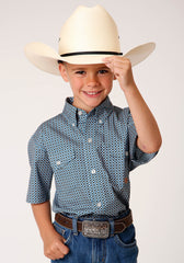 Roper Boys Short Sleeve Button Blue Geo Western Shirt