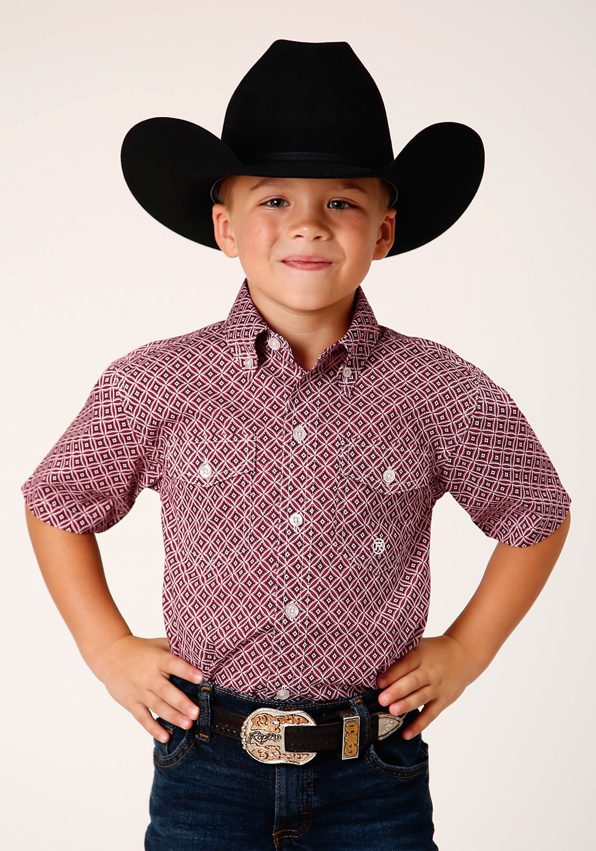 Roper Boys Short Sleeve Button Red Diamond Foulard Western Shirt