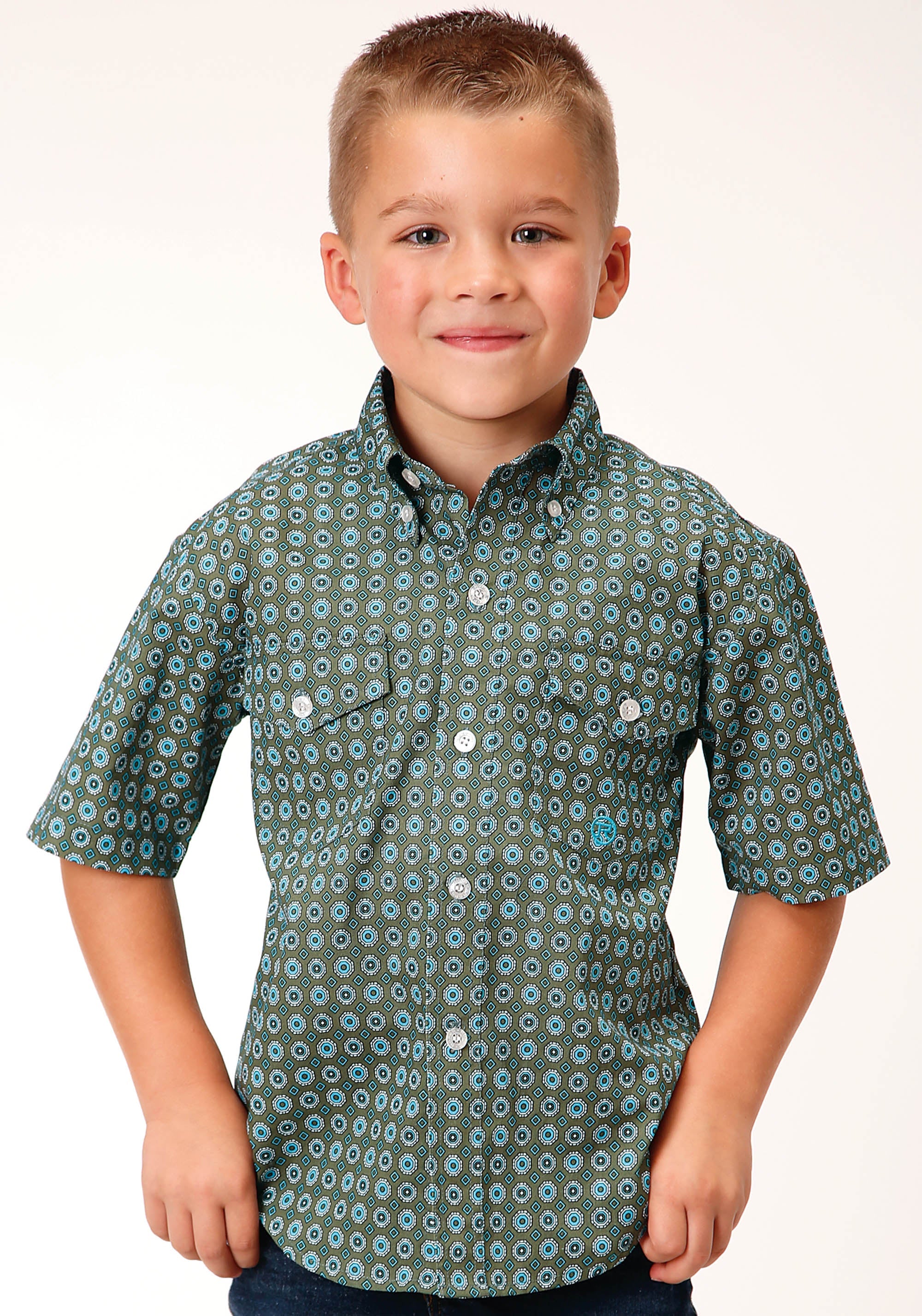 Roper Boys Short Sleeve Button Olive Foulard Western Shirt