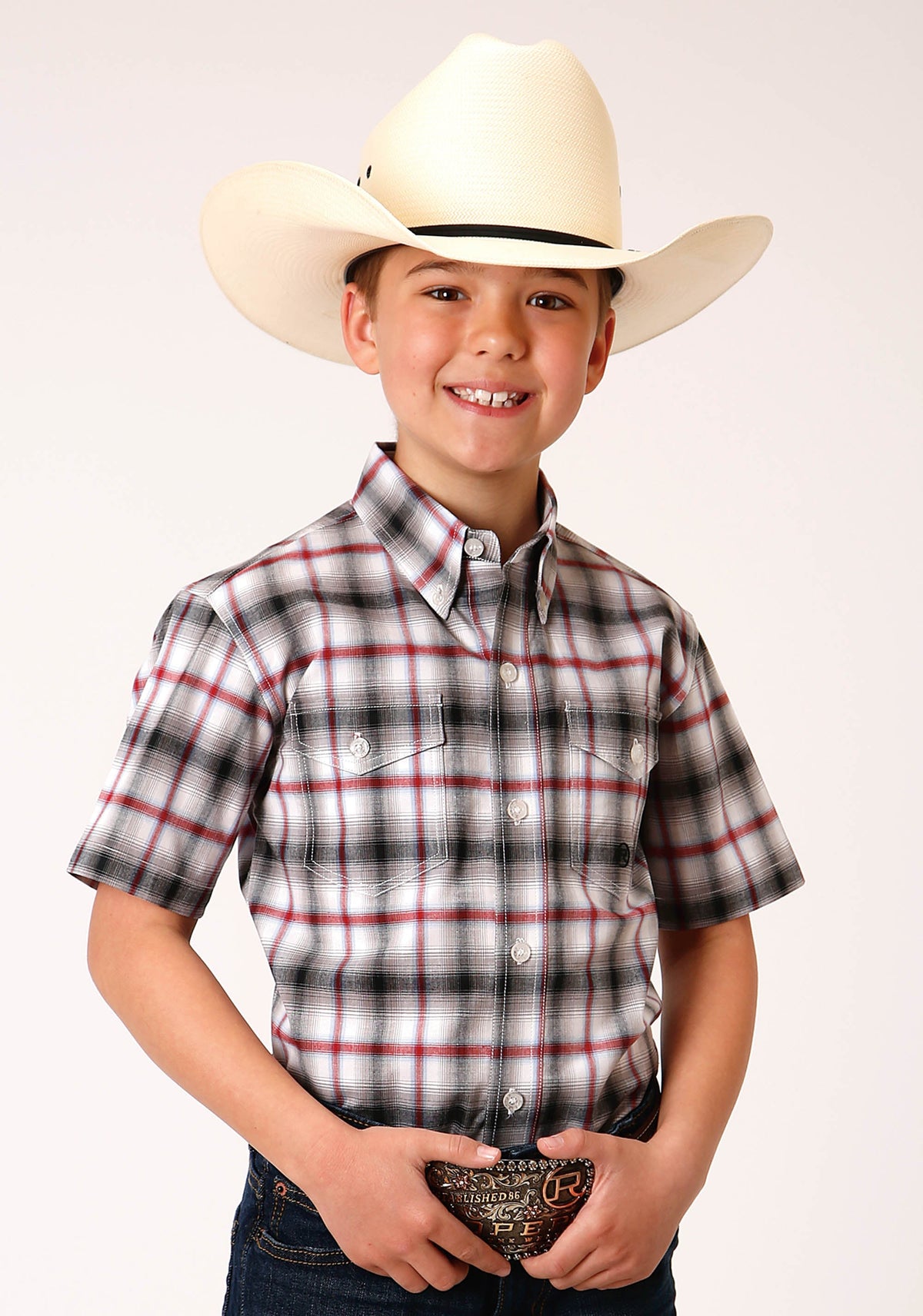 Roper Boys Short Sleeve Button Classic Ombre Stretch Plaid Western Shirt