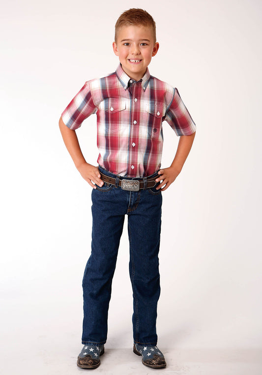 Roper Boys Short Sleeve Button Red Apple Plaid Western Shirt - Flyclothing LLC