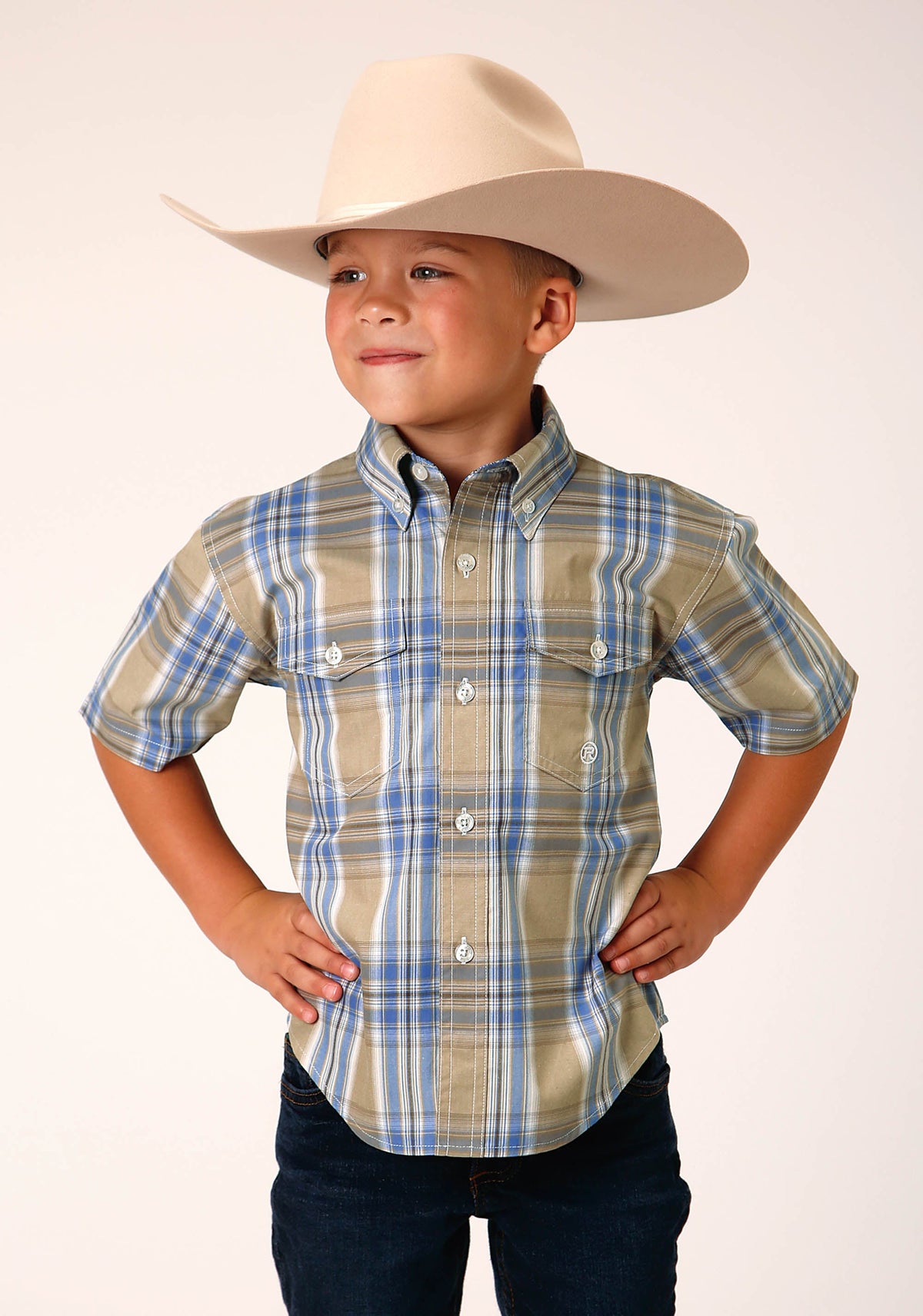 Roper Boys Short Sleeve Button Sandy Plaid Western Shirt