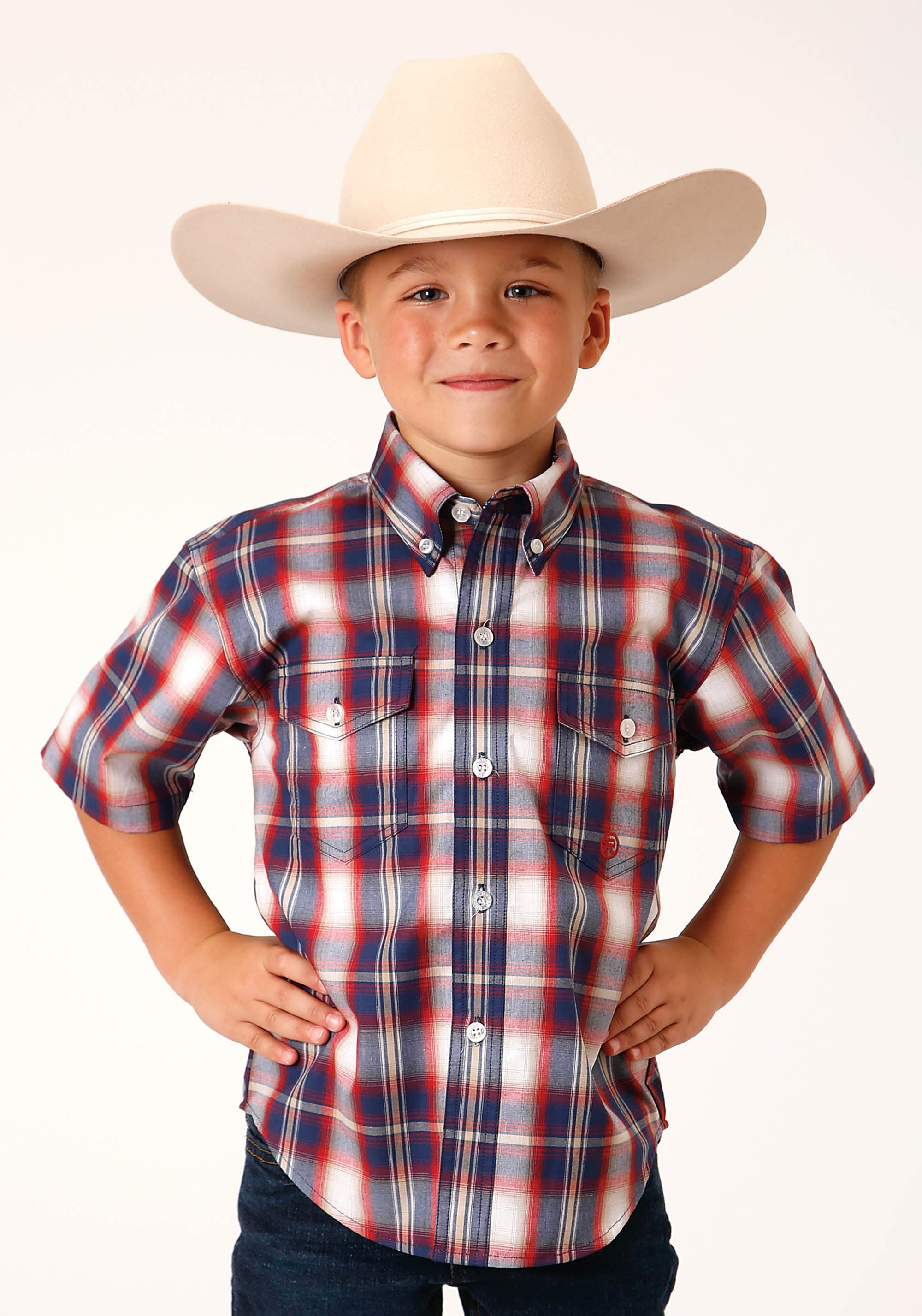 Roper Boys Short Sleeve Button Independence Plaid Western Shirt