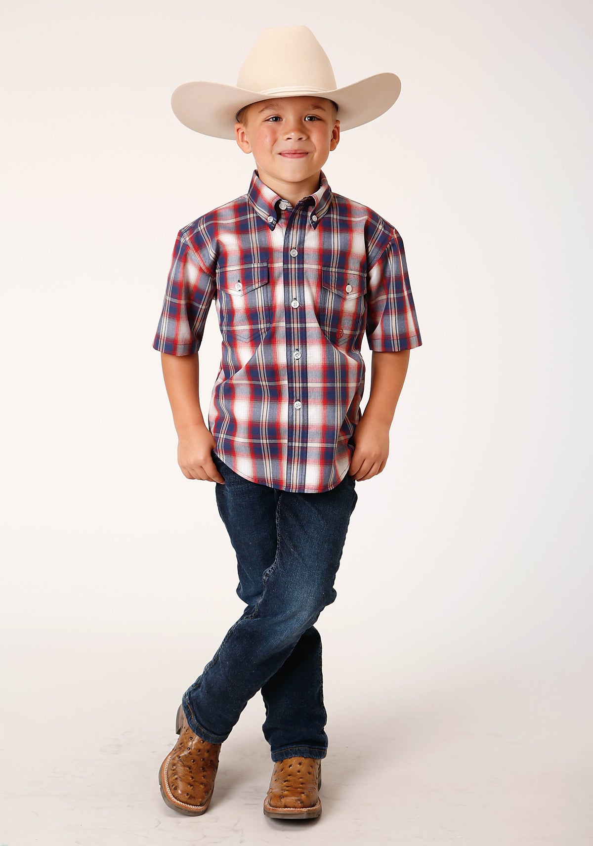 Roper Boys Short Sleeve Button Independence Plaid Western Shirt - Flyclothing LLC