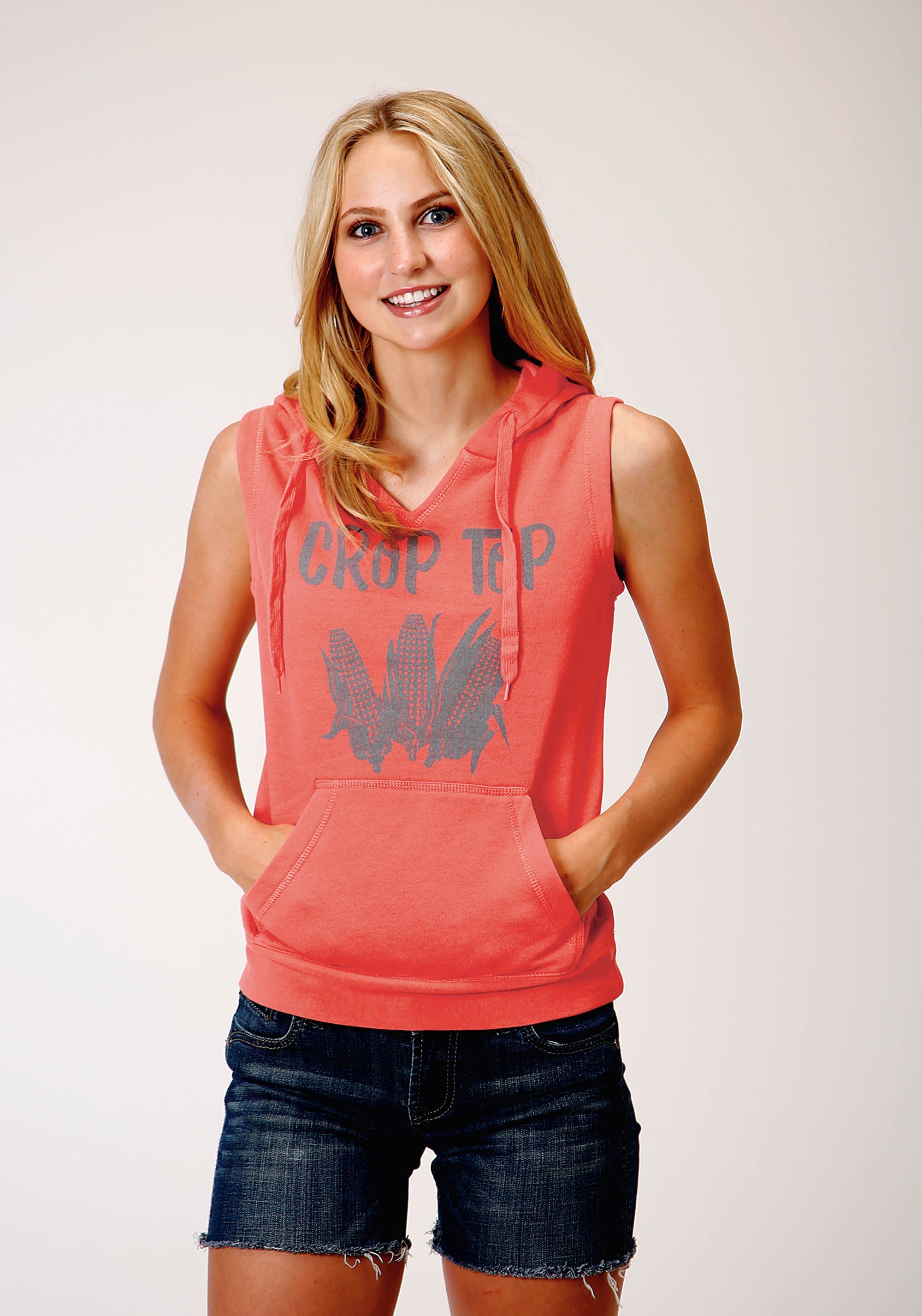 Roper Womens Coral With Corn Screen Print Sleeveless Knit Top - Roper