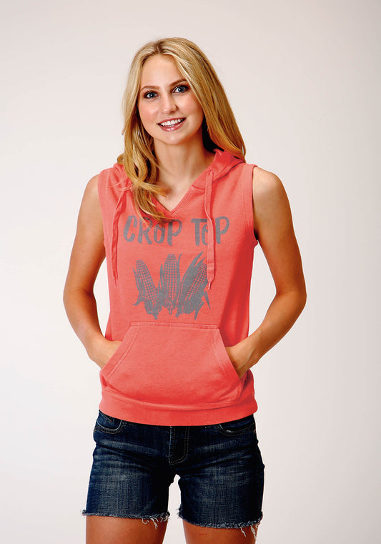 Roper Womens Coral With Corn Screen Print Sleeveless Knit Top - Roper