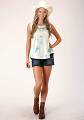 Roper Womens Sleeveless Knit Ivory Turquoise Tie Dye Tank Top - Roper