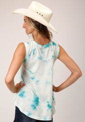 Roper Womens Sleeveless Knit Ivory Turquoise Tie Dye Tank Top - Roper