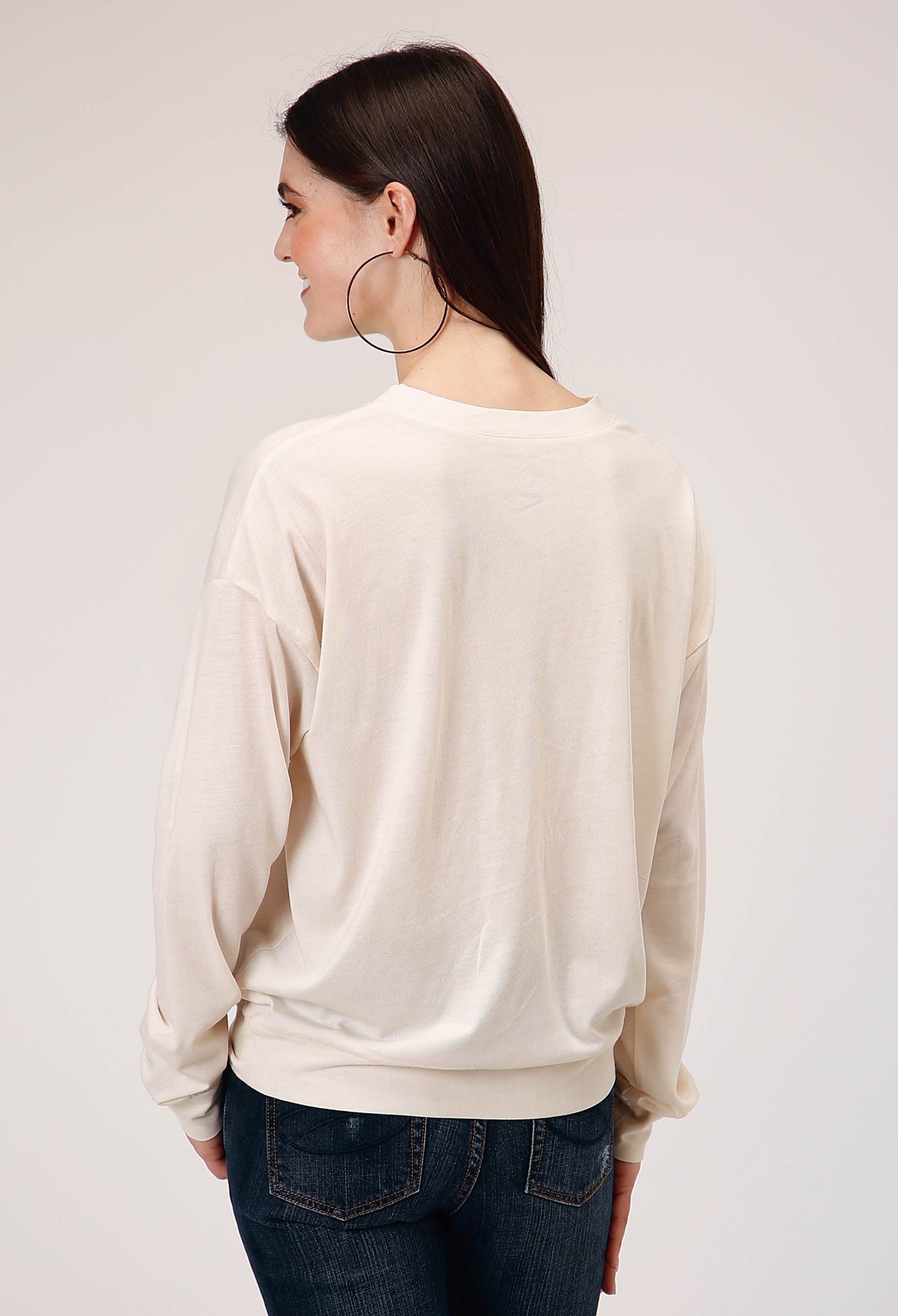 Roper Womens Long Sleeve Knit Cream Poly Rayon Long Sleeve T Top - Flyclothing LLC