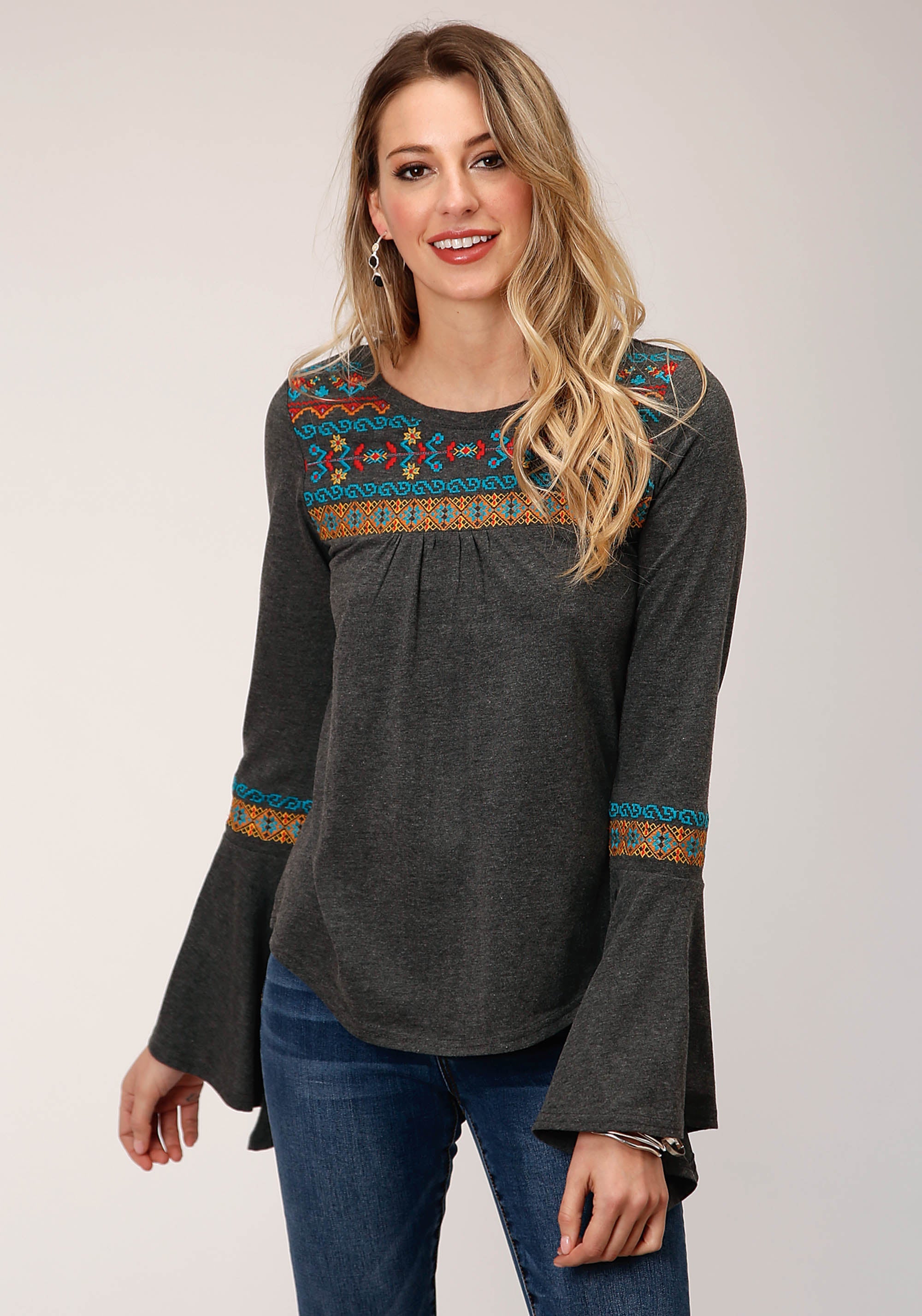 Roper Womens Long Sleeve Knit Heather Jersey Peasant Top