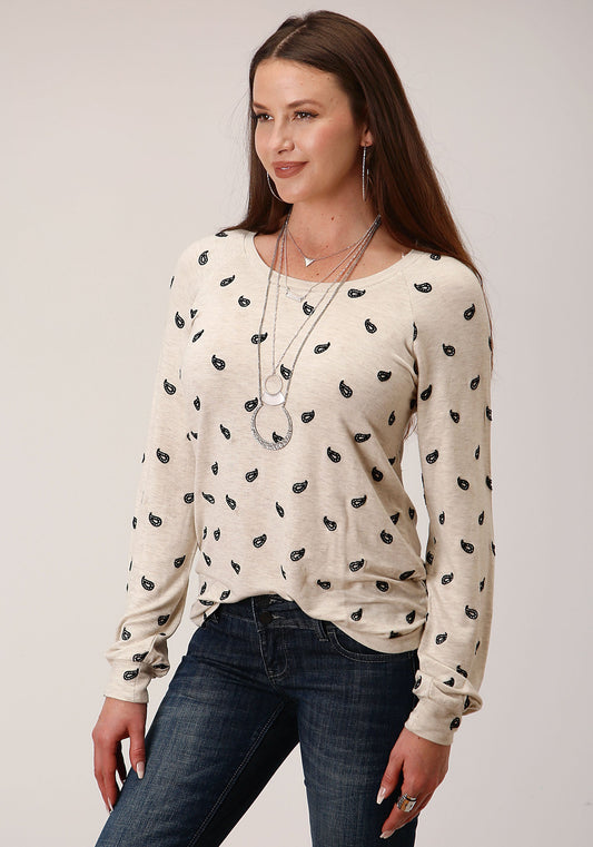 Roper Womens Long Sleeve Knit All Over Emb Micro Frnch Terry Top